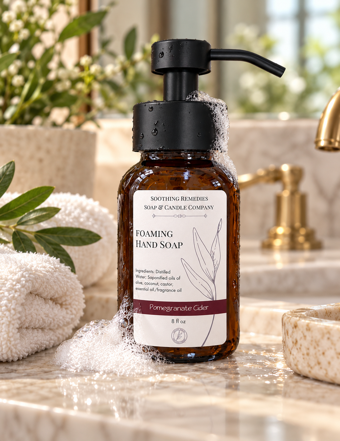 Soothing Remedies handcrafted foaming hand soap displayed in a spa-inspired bathroom.