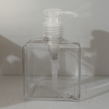 Empty reusable clear liquid dispenser bottle.